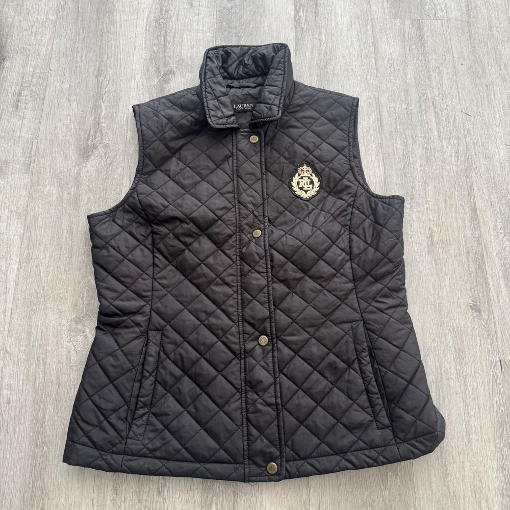Lauren Ralph Lauren Black Quilted Vest Crest Patch Gold Snaps Womens Size M